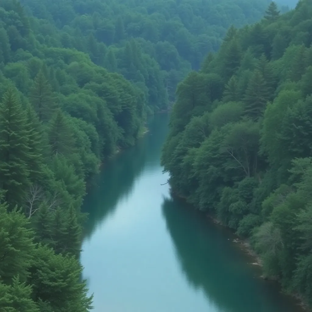 A winding river flowing through a lush green valley