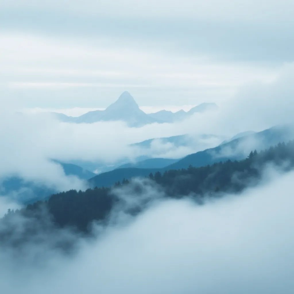 A misty mountain peak shrouded in clouds