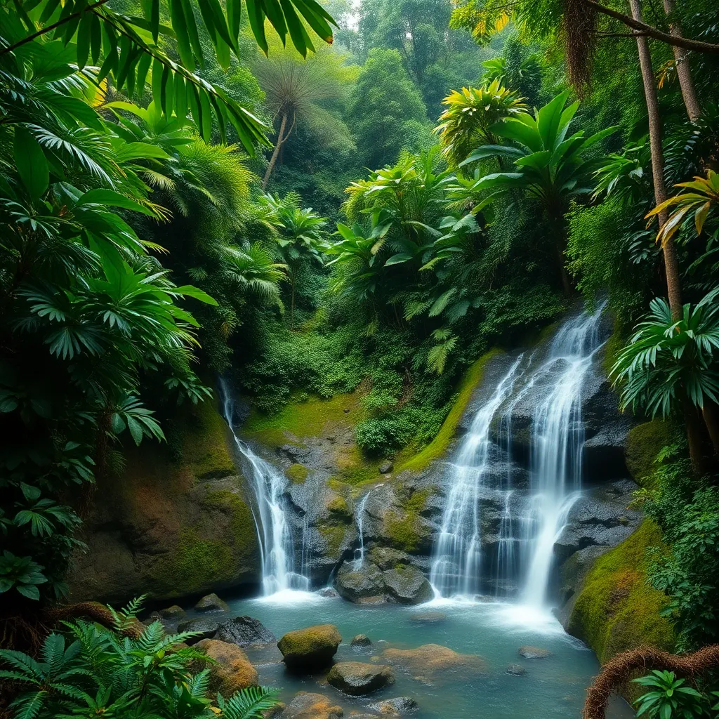 Moss-covered rocks and a cascading waterfall in a lush green forest