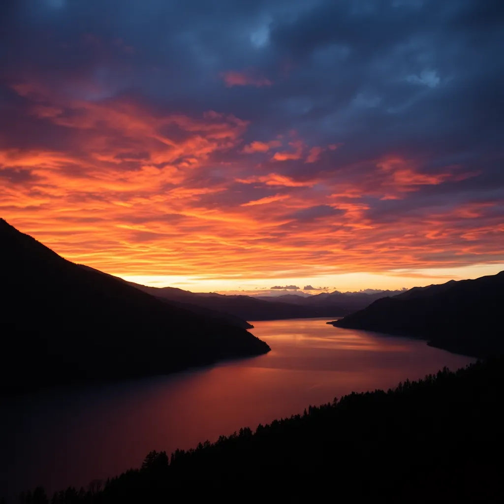 A dramatic sunset over a calm sea