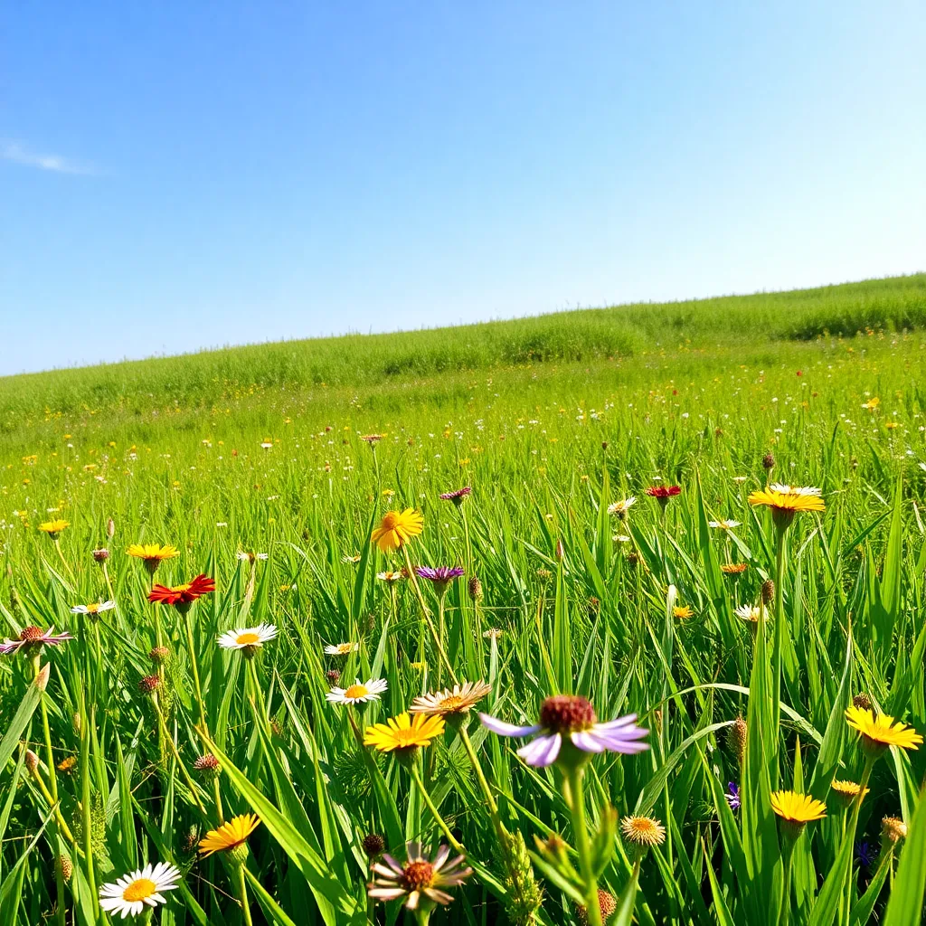 A field of colorful wildflowers under a blue sky