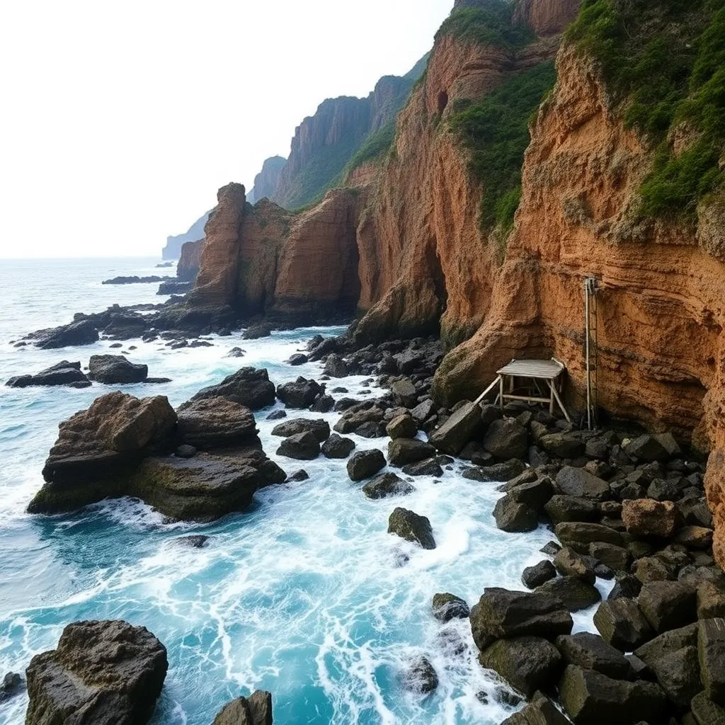 A rocky coastline with crashing waves