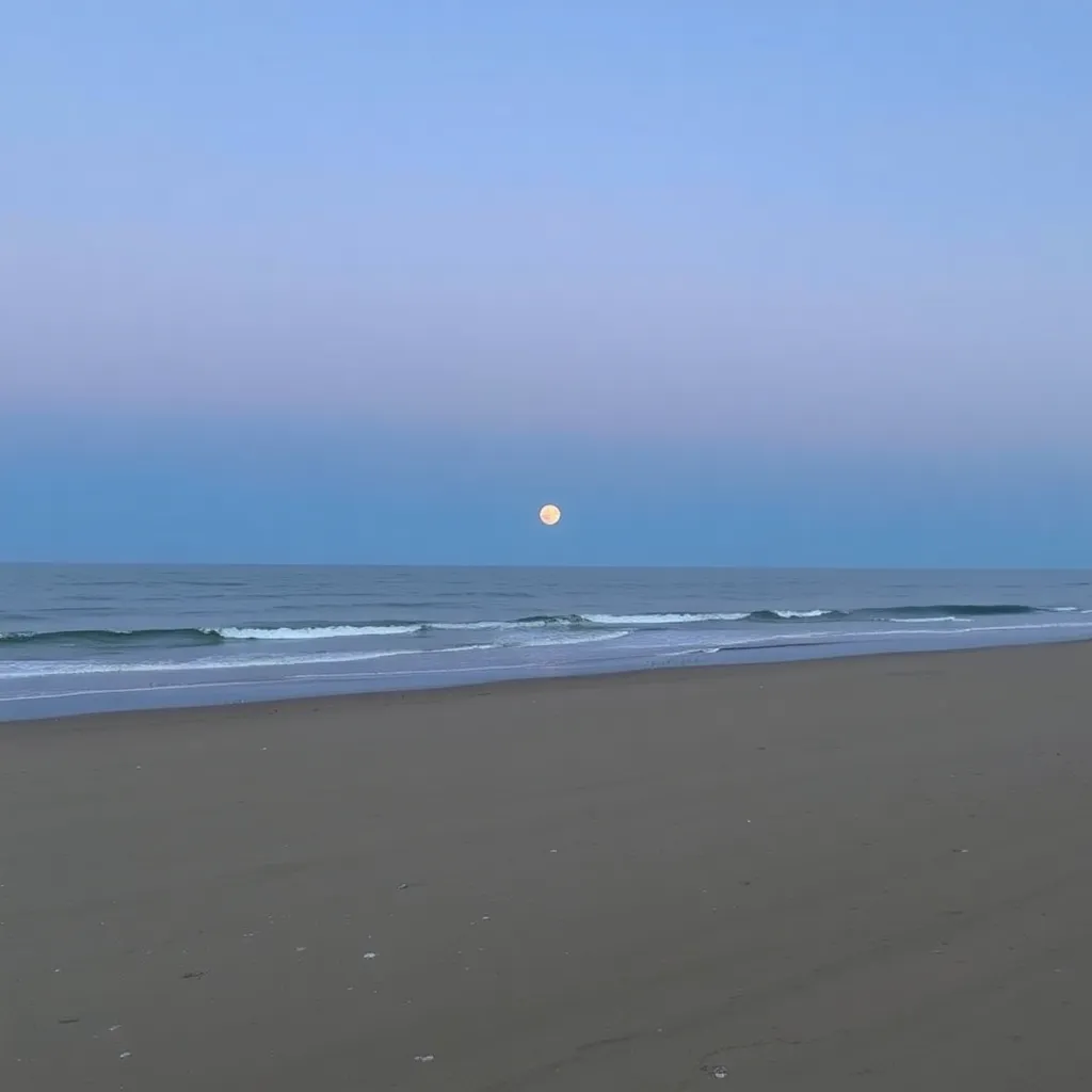 A moonlit beach with gentle waves lapping the shore