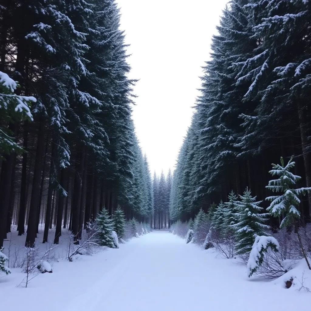 A snowy path winding through a winter forest