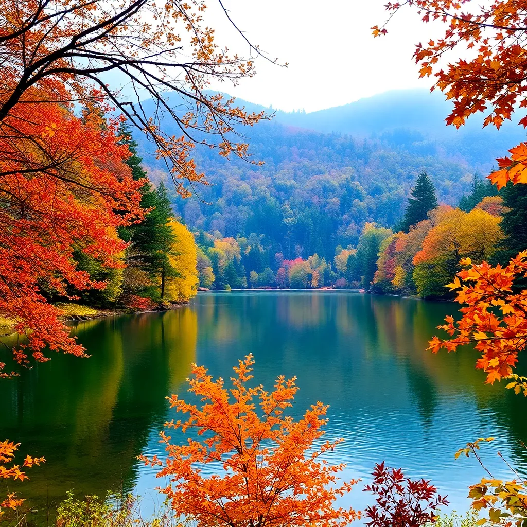 A serene lake surrounded by colorful autumn foliage