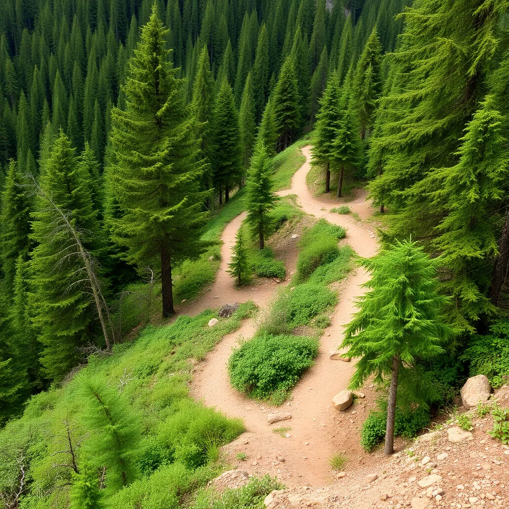 A winding dirt path through a lush green forest