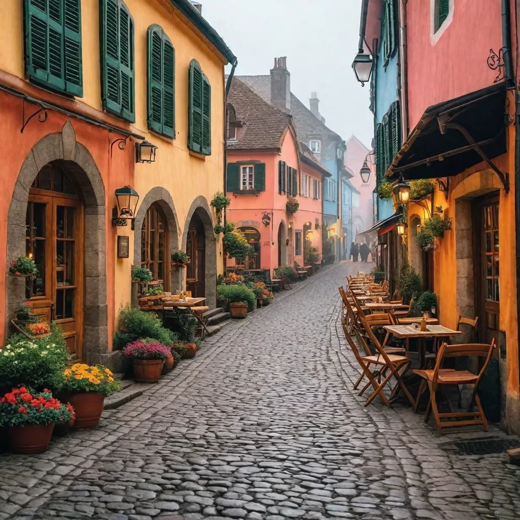 A charming European village street with colorful buildings