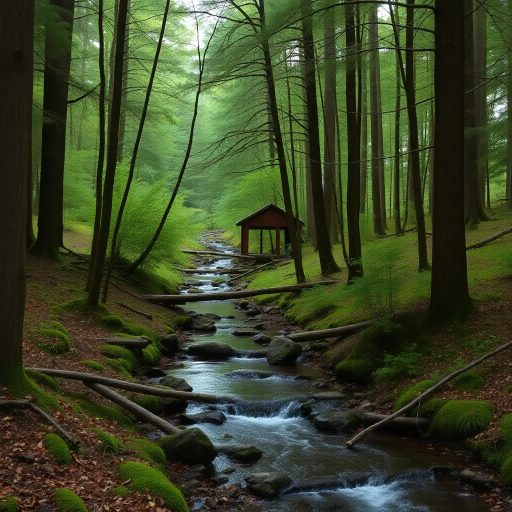 A tranquil forest stream flowing through a misty forest