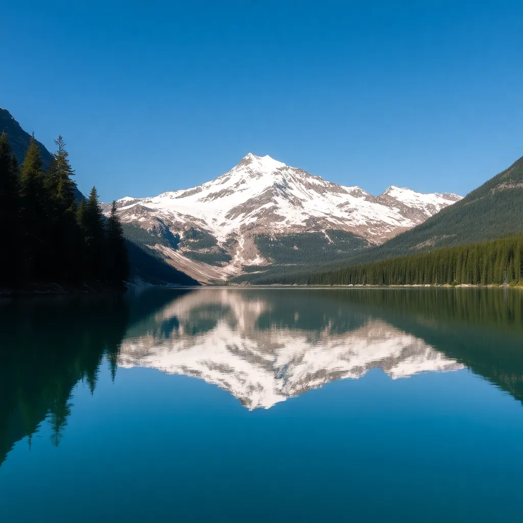 A snow-capped mountain reflecting in a calm lake