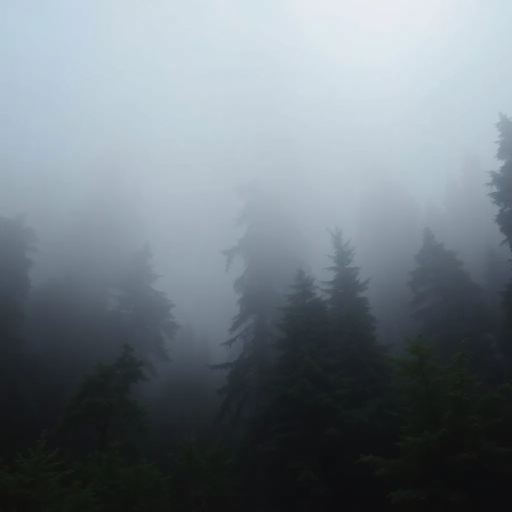 A misty forest with tall trees