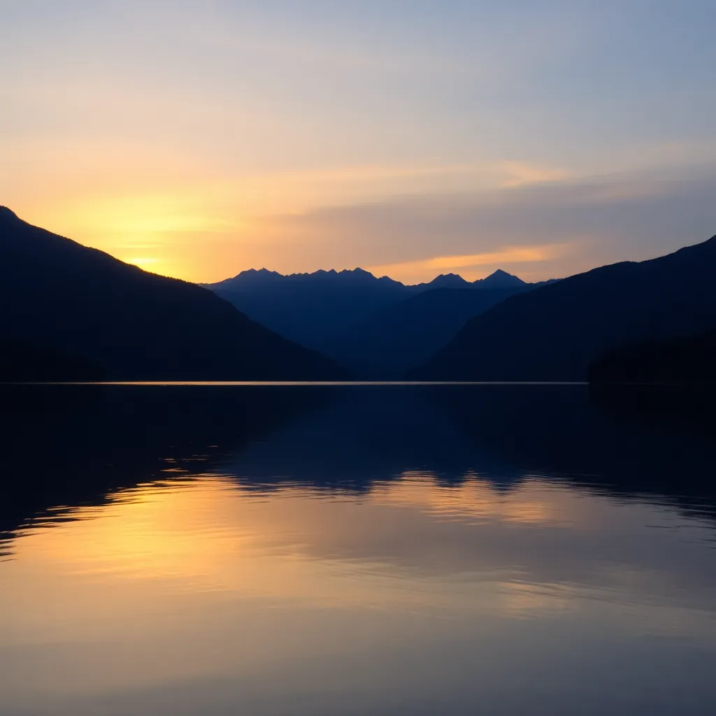 A beautiful sunset over a calm lake with mountains in the background