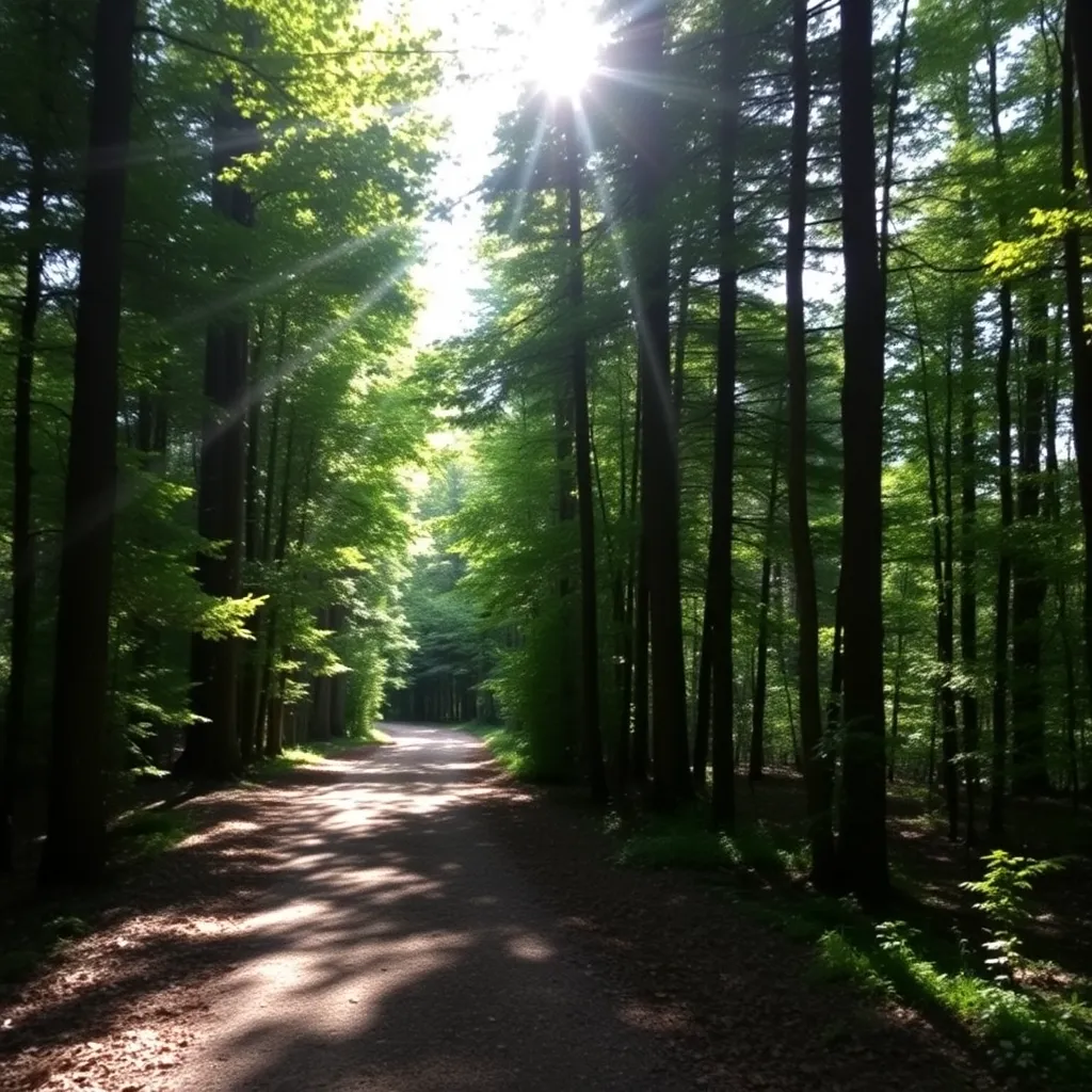 A sunlit path winding through a lush green forest