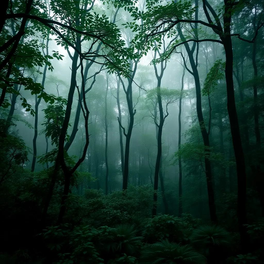 A mysterious foggy forest with tall trees