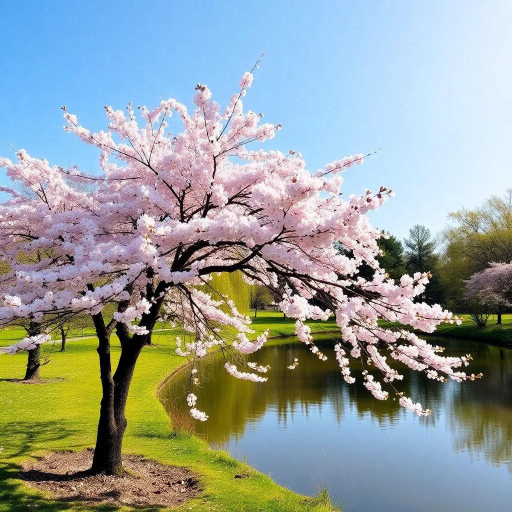 A beautiful cherry blossom tree in full bloom near a pond