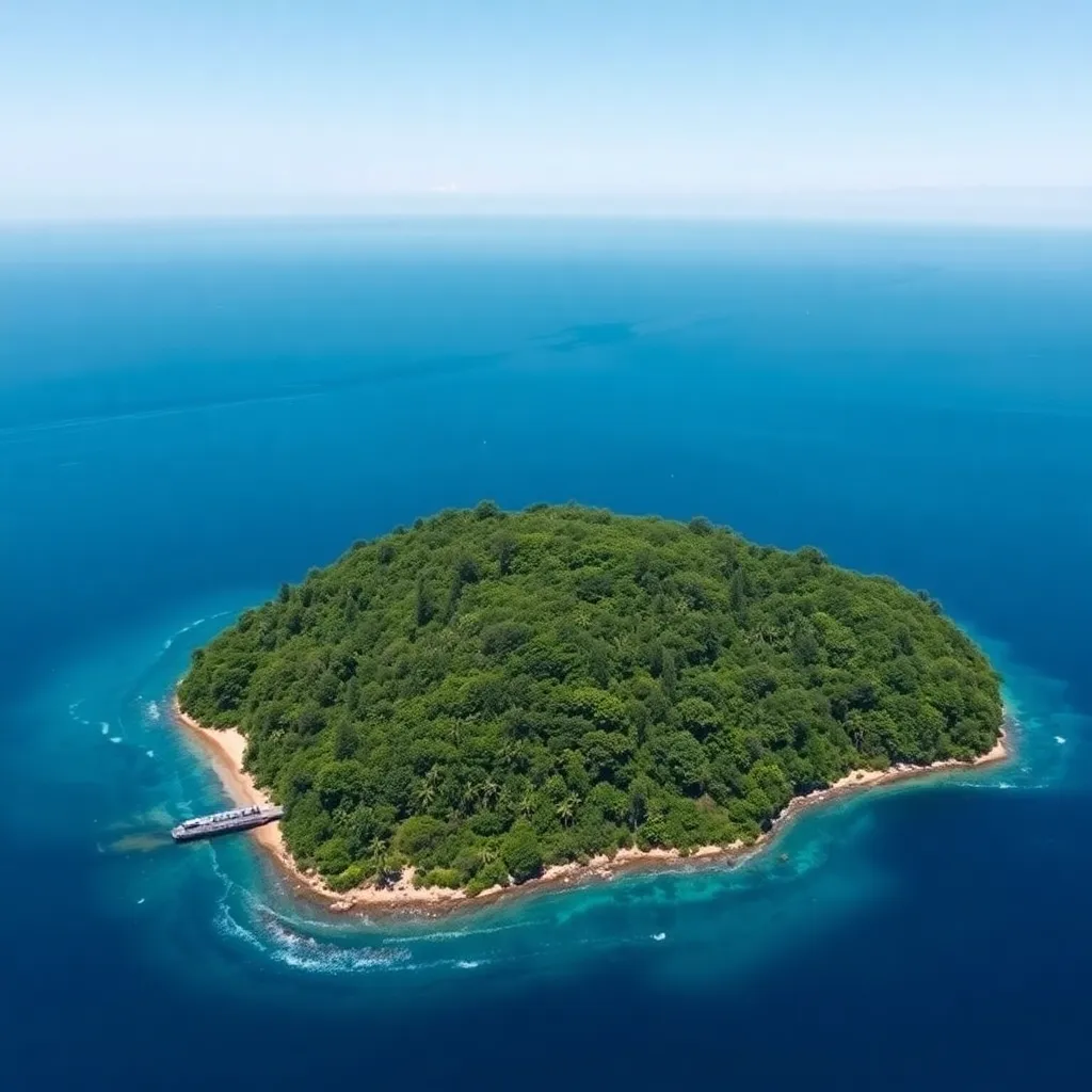 A lush green tropical island surrounded by crystal-clear water