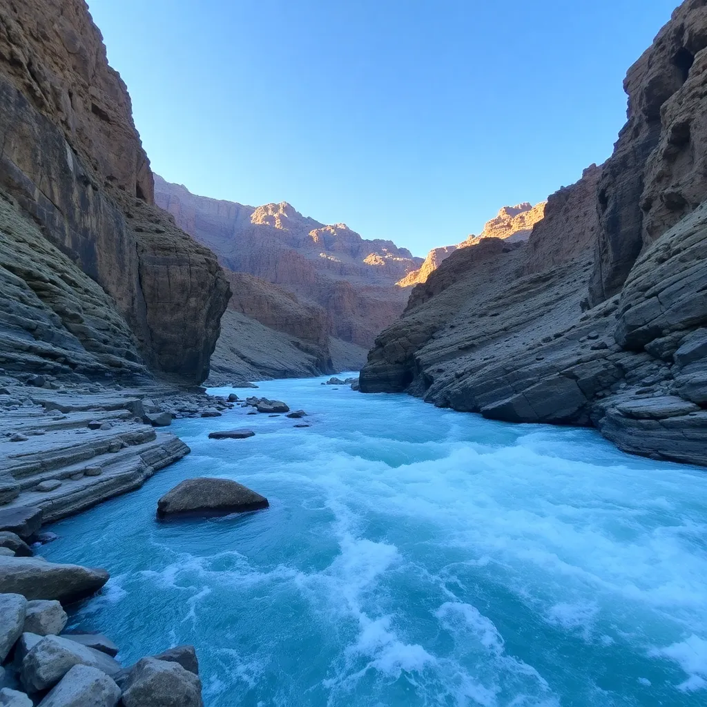 A powerful river rushing through a rocky mountain canyon