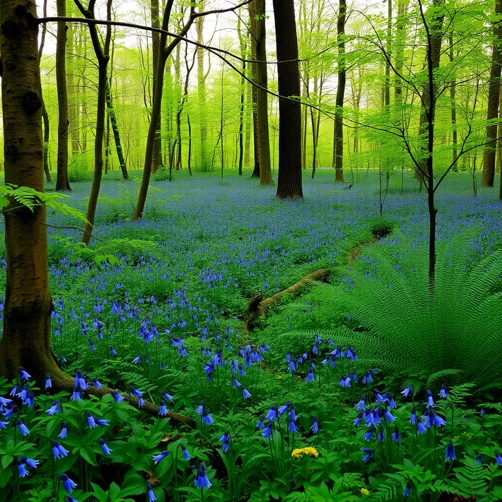 A lush green forest with a carpet of bluebells