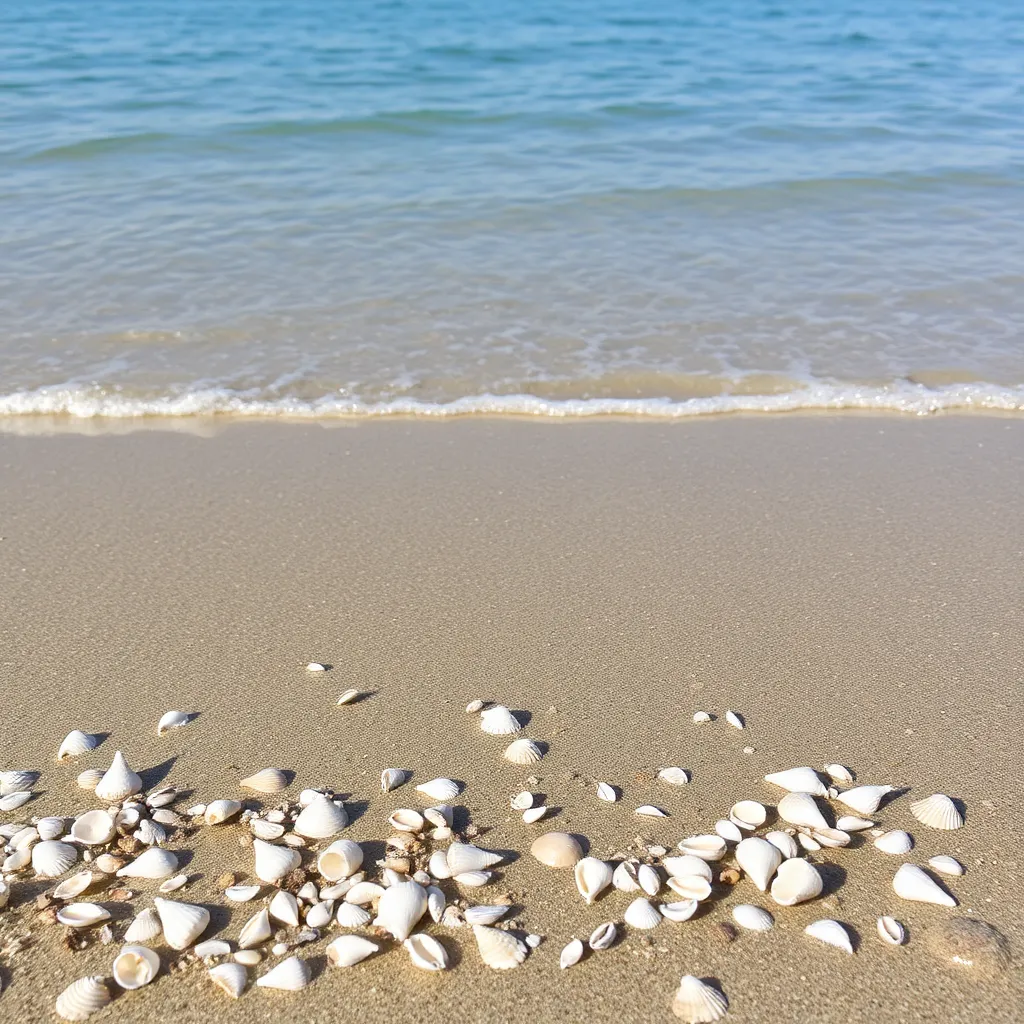 A sandy beach with seashells and the ocean in the background