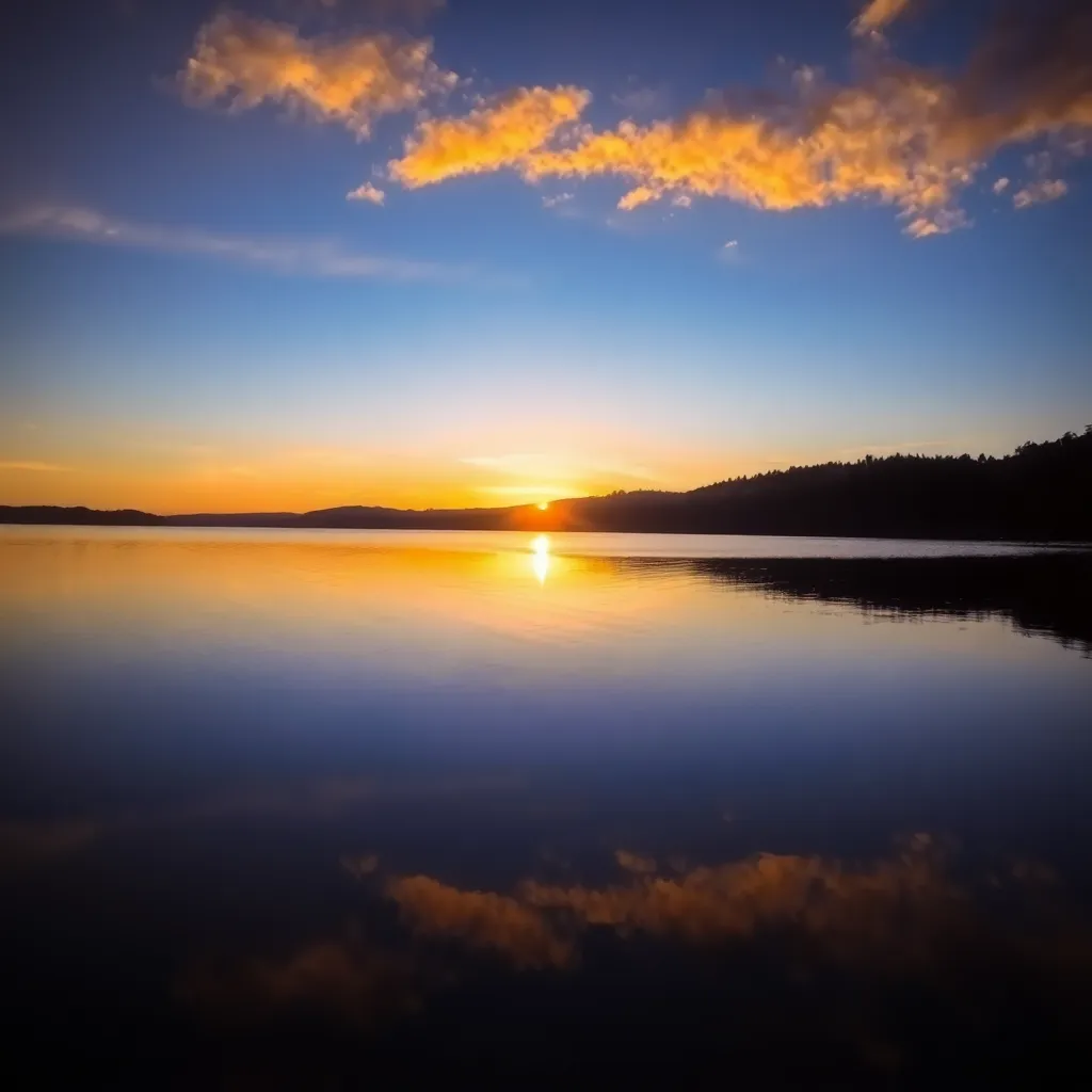 A stunning sunset reflecting on a calm lake