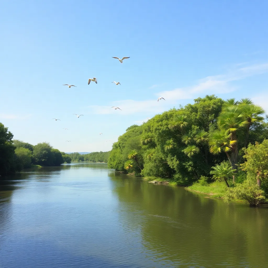 A peaceful river flowing through a green landscape