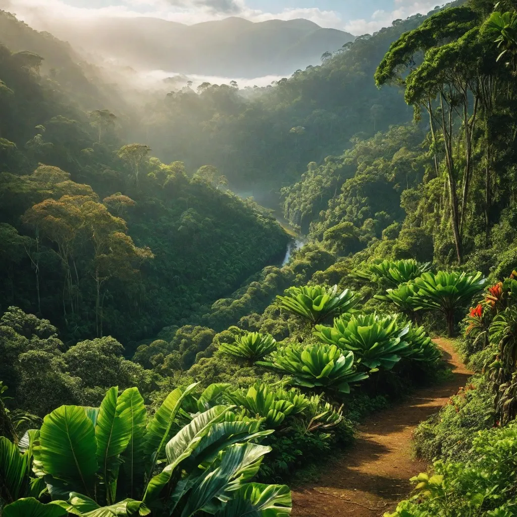 A lush green valley with a winding path