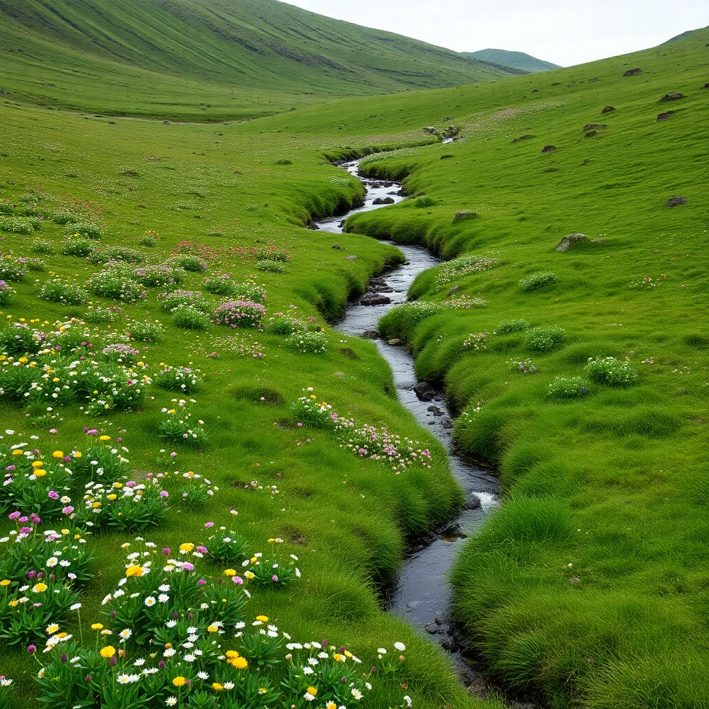 A winding river flowing through a green valley with wildflowers