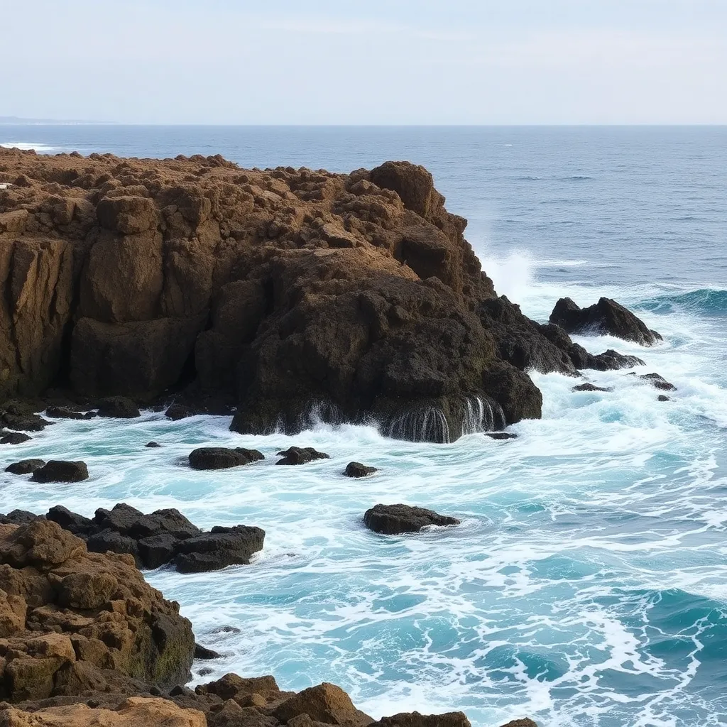 A rocky coastline with crashing waves and a dramatic sky