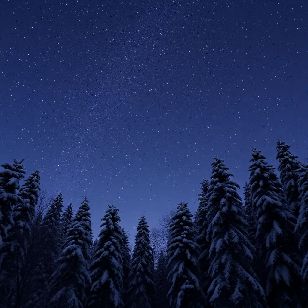 A starry night sky over a snow-covered forest