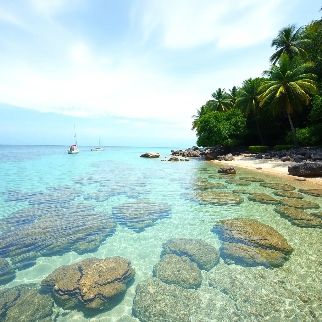 A tropical beach with crystal-clear water and palm trees