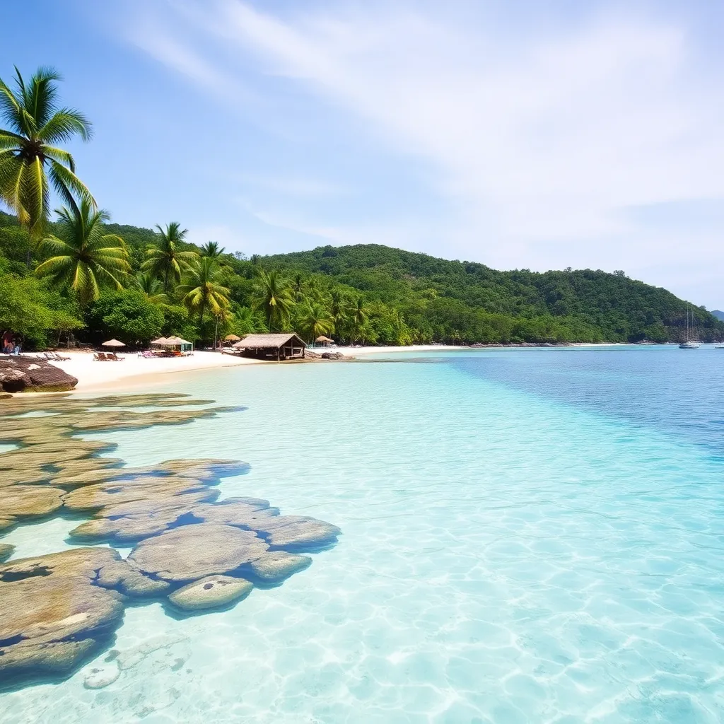 A beautiful tropical beach with palm trees and crystal-clear water