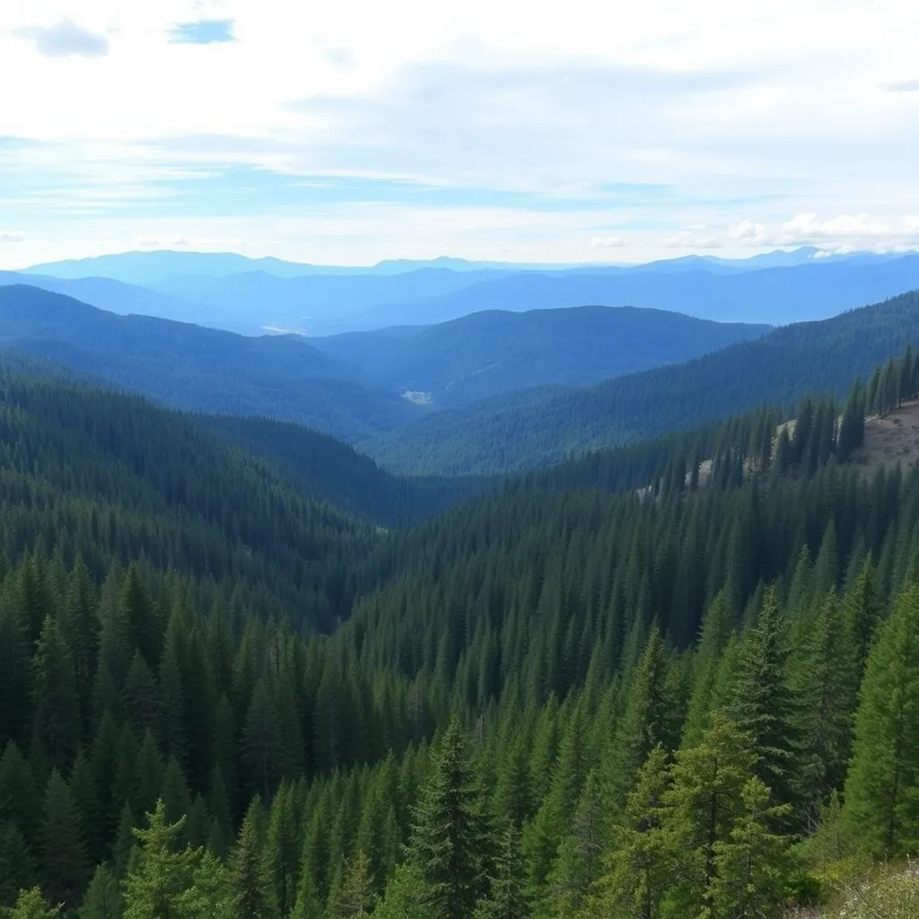 A scenic mountain range with lush green forests