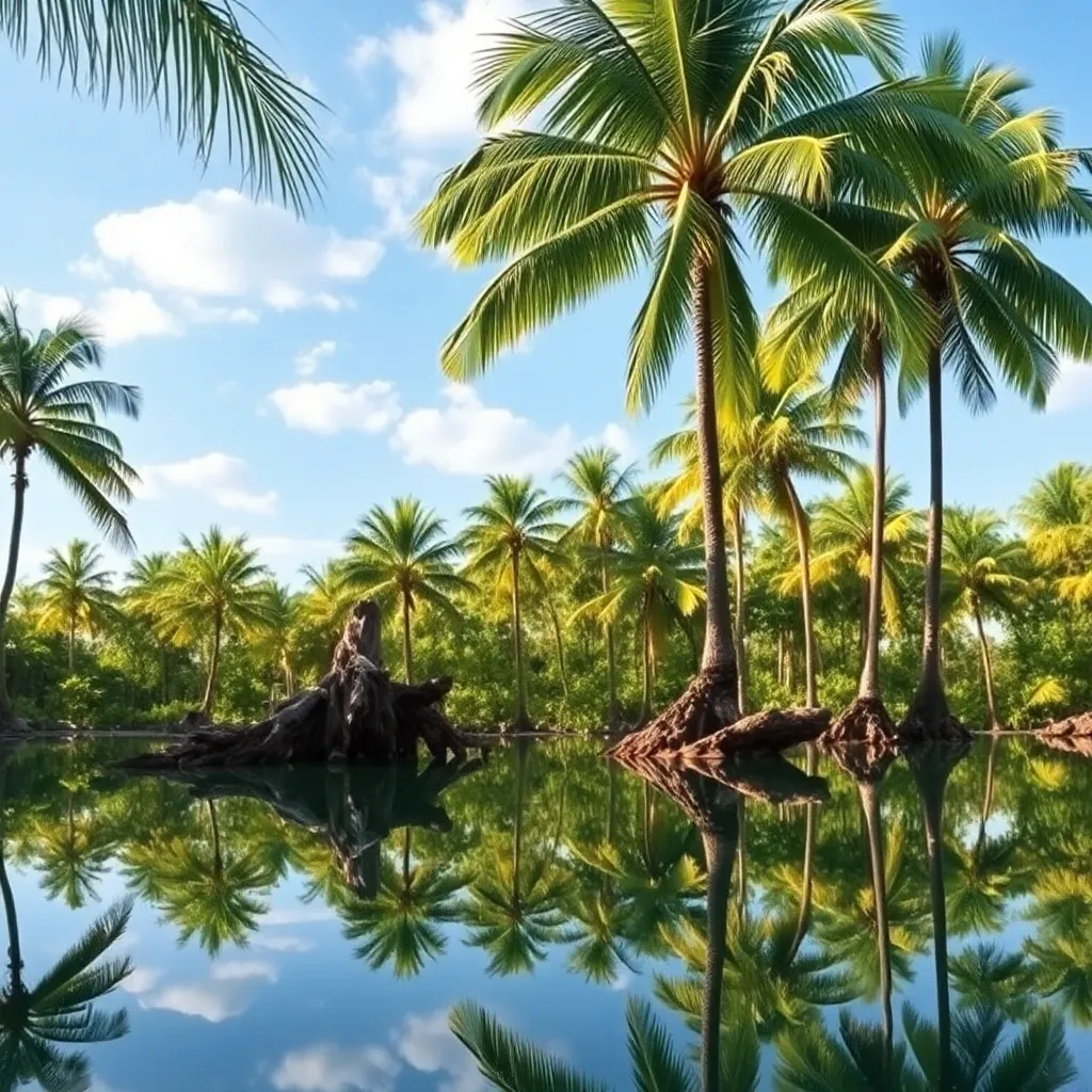 Lush green palm trees reflected in a clear blue lagoon