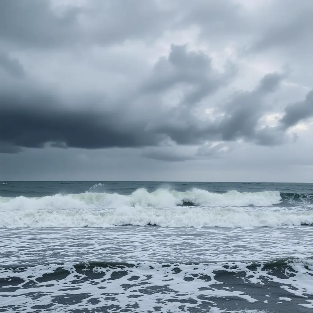 A stormy sea with crashing waves and dark clouds