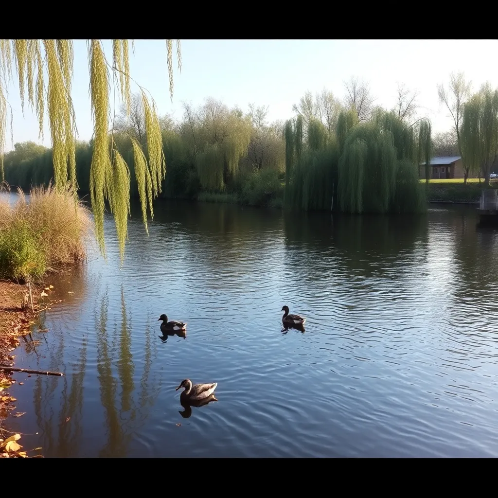 A serene pond with ducks swimming and a weeping willow tree