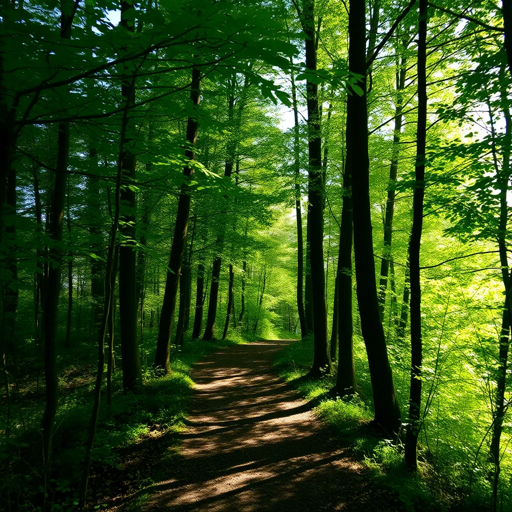 A sunlit path winding through a dense forest