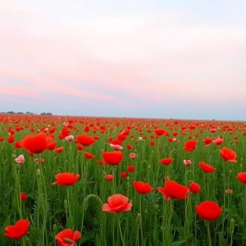 A field of red poppies swaying in the wind