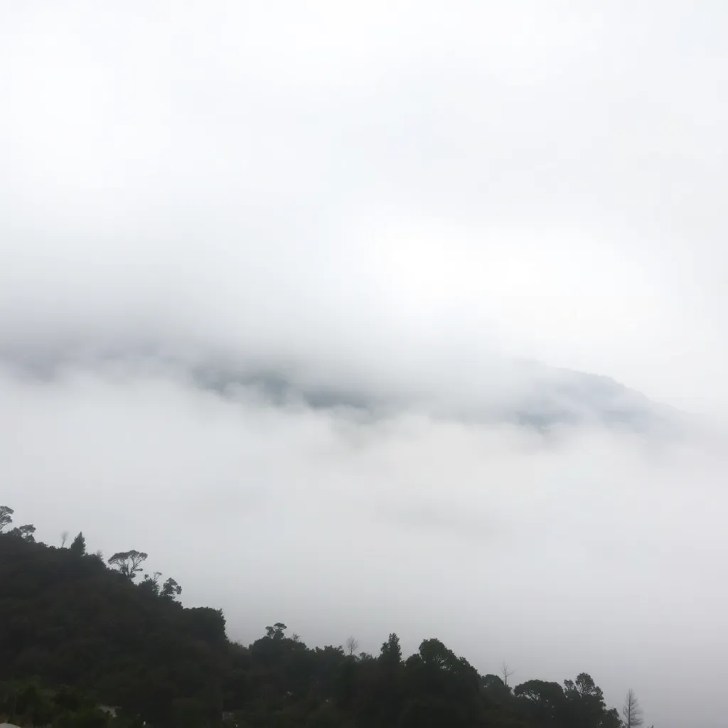 A misty mountain landscape with rolling hills