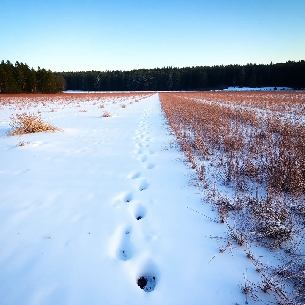 A snowy field with footprints leading into the distance