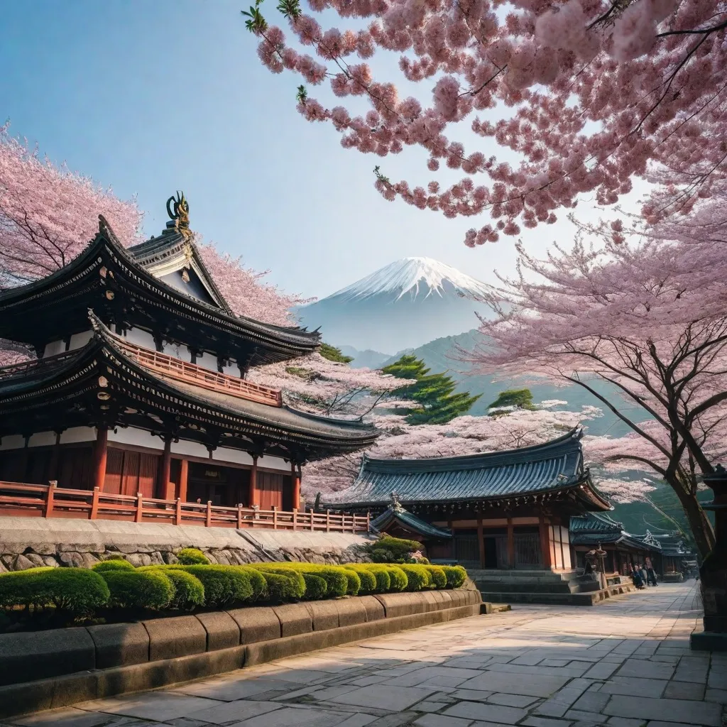 A traditional Japanese temple surrounded by cherry blossoms