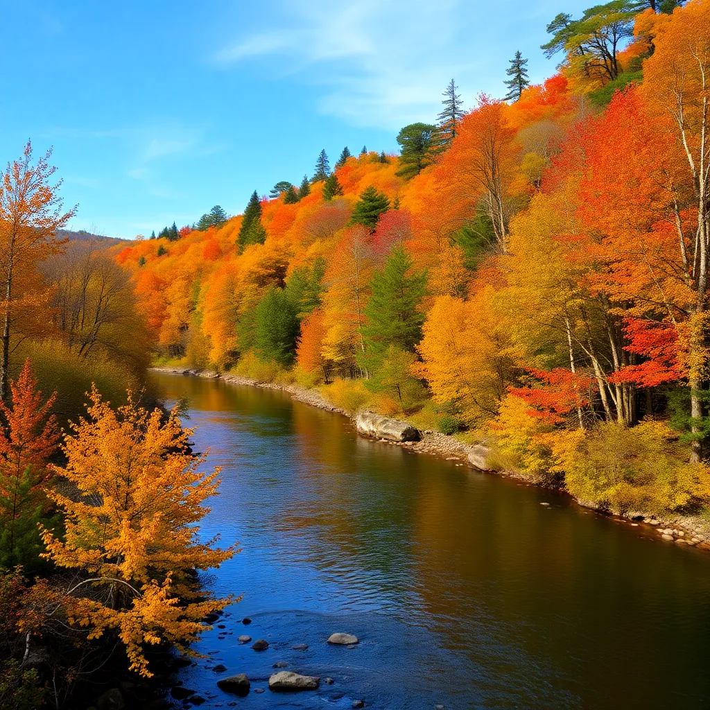 A scenic river winding through a vibrant autumn forest