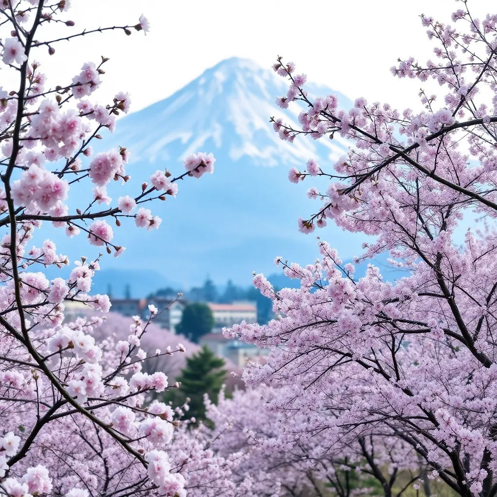 Mount Fuji with cherry blossoms in full bloom