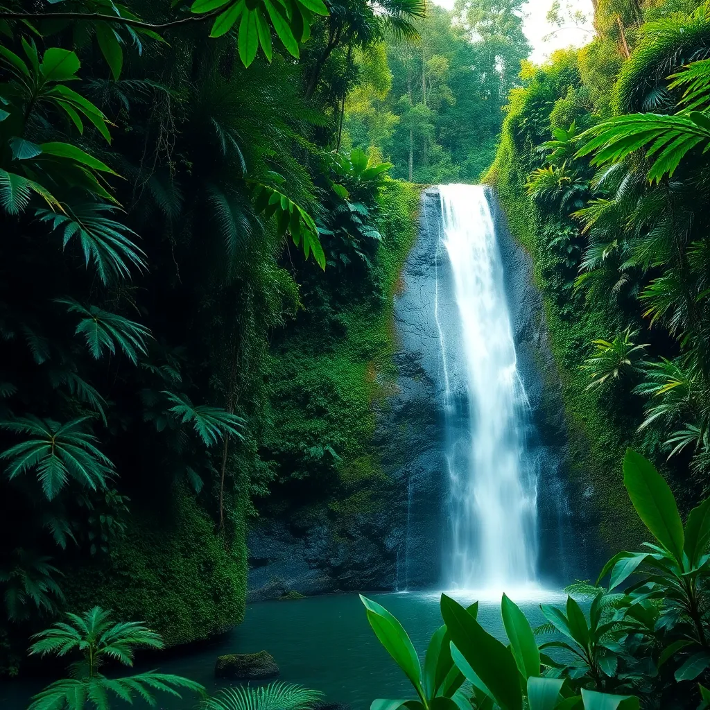 A cascading waterfall surrounded by lush greenery