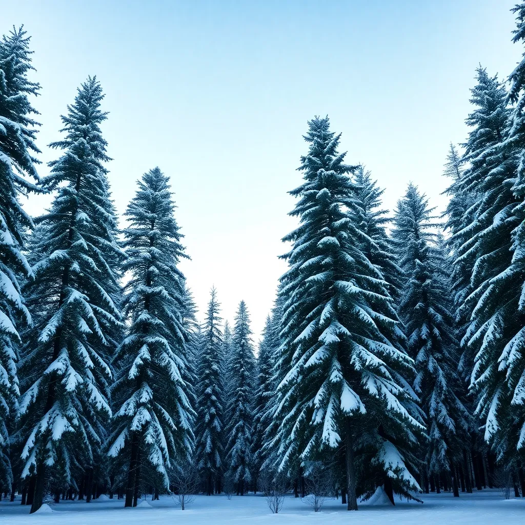 A snowy forest with tall pine trees