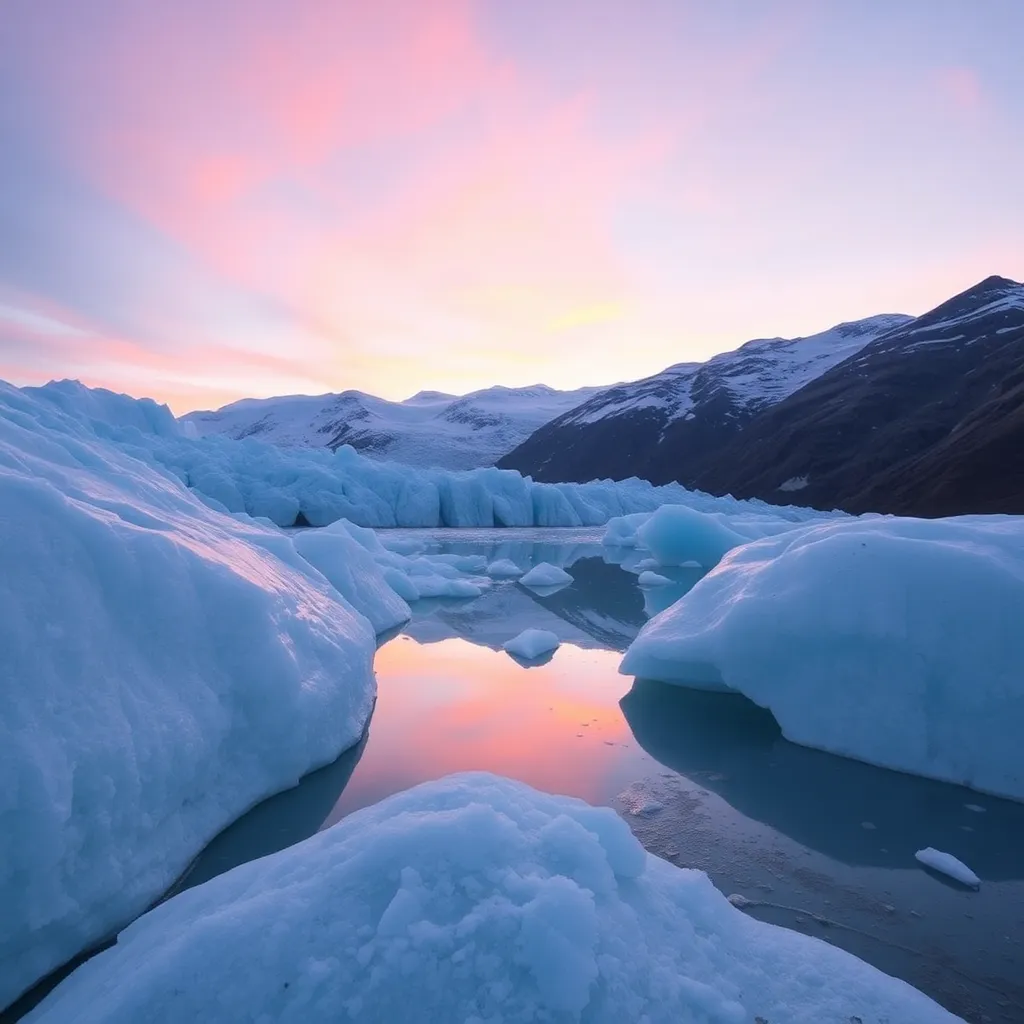 Icebergs floating in a glacial lagoon at sunset