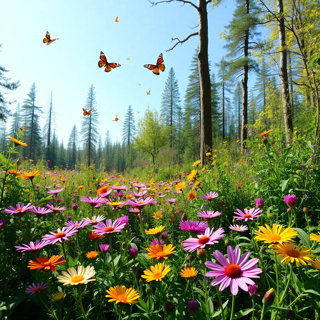 A field of colorful wildflowers with butterflies flying