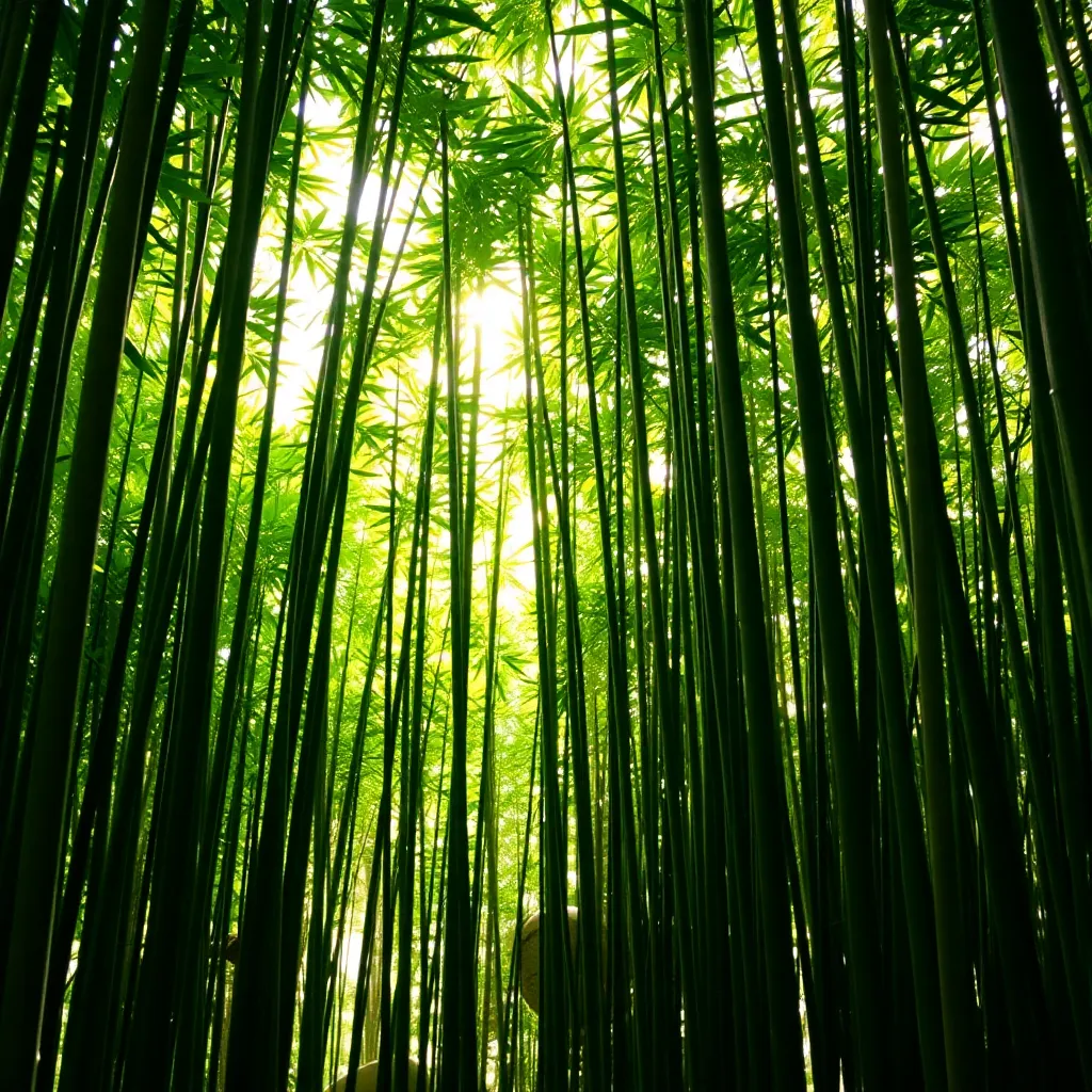 A dense bamboo forest with sunlight filtering through