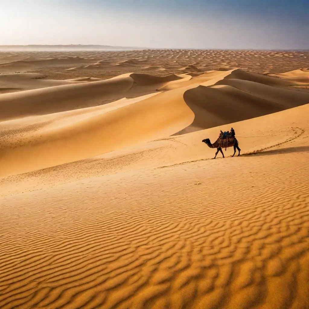 A camel caravan crossing a vast desert