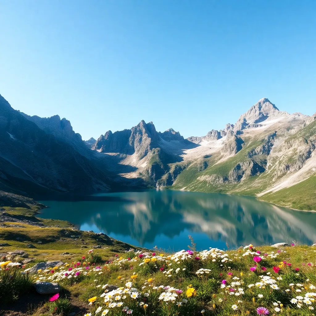 A serene mountain lake surrounded by snow-capped peaks