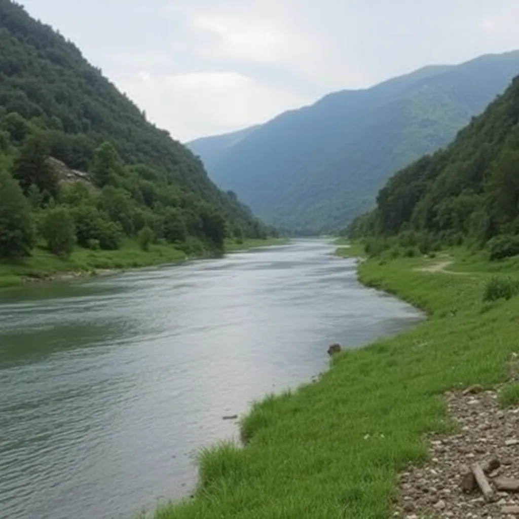 A winding river flowing through a lush green valley