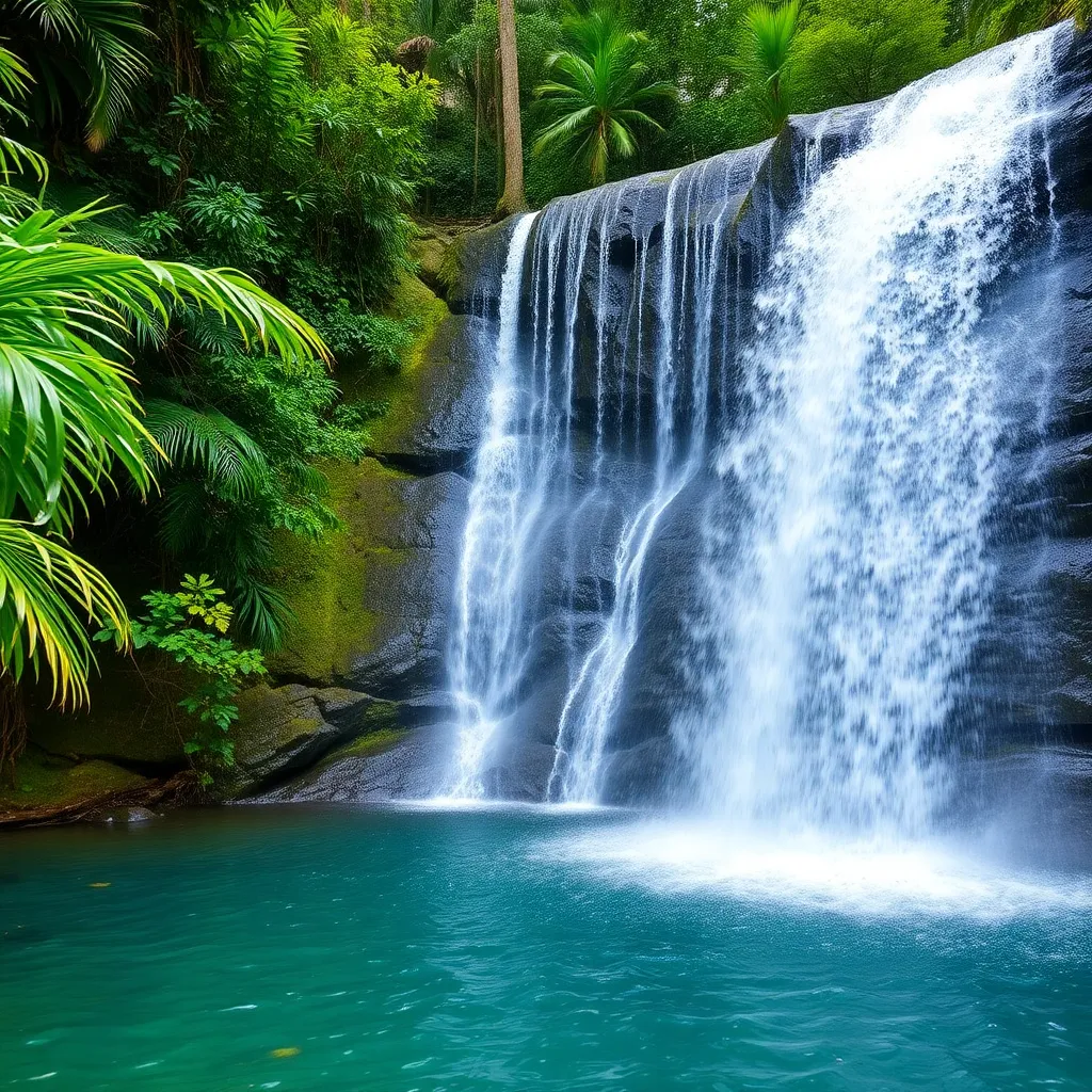 A cascading waterfall surrounded by lush greenery